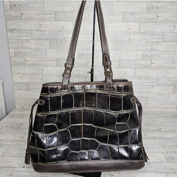 Dooney & Bourke Brown Crocodile Embossed Double Strap Tassel Bag - Picture 3 of 10